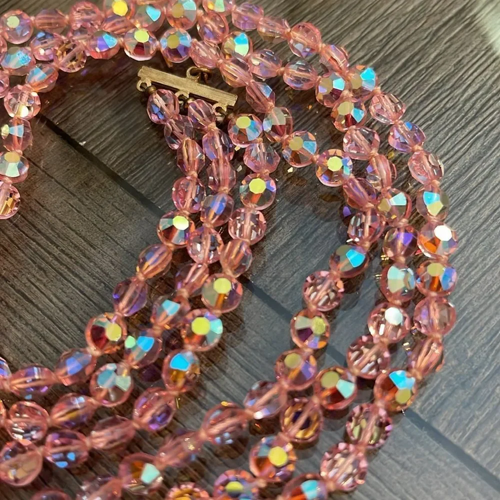 Vintage Three Strand Pink AB Crystal Necklace - Choker
